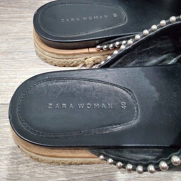 Zara Black Silver Studded Cross Strap Slides Womens 9 Open Toe Slip On Sandals - Picture 8 of 15